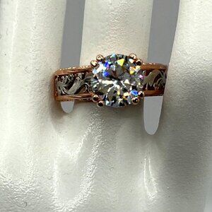 Vintage-Inspired Rose Gold Plated 925 Ring 4ct CZ & Floral Band Design Size 8